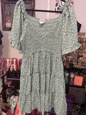 ARULA Sage Green Floral Smocked Tiered Dress